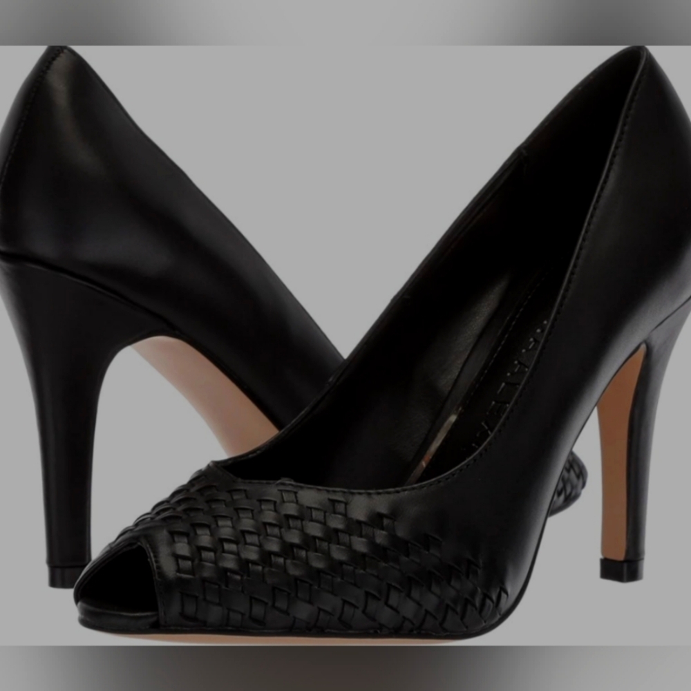 Black leather peep toe pumps, mid high heel 👠